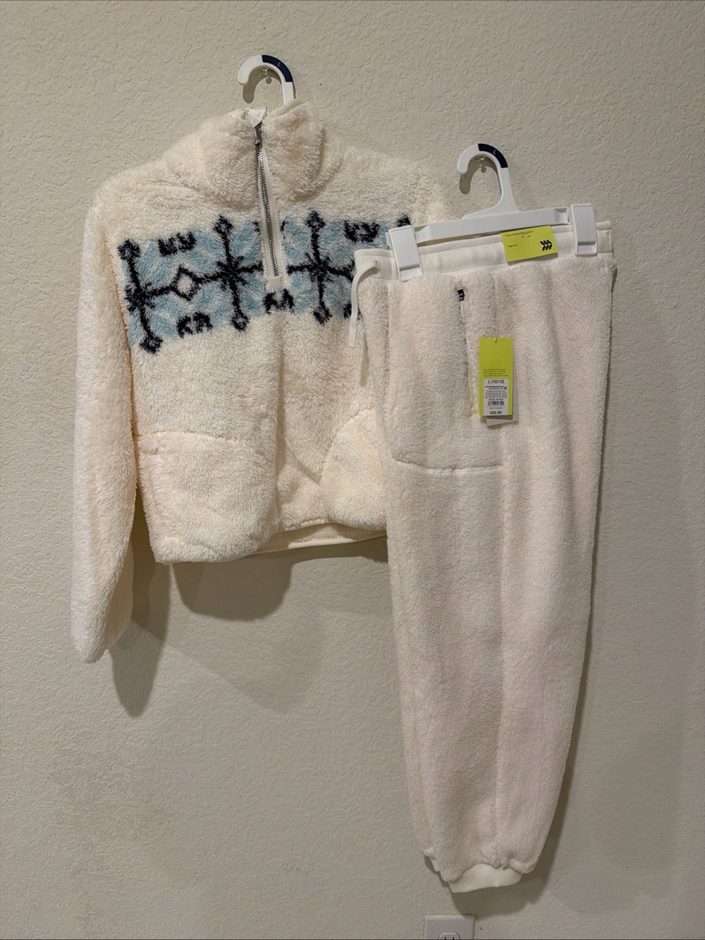 all in motion Cream Sherpa Pullover and Jogger Set with Blue Snowflake Detail